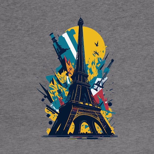 Vibrant illustration of chaotic debris around the Eiffel tower by amithachapa